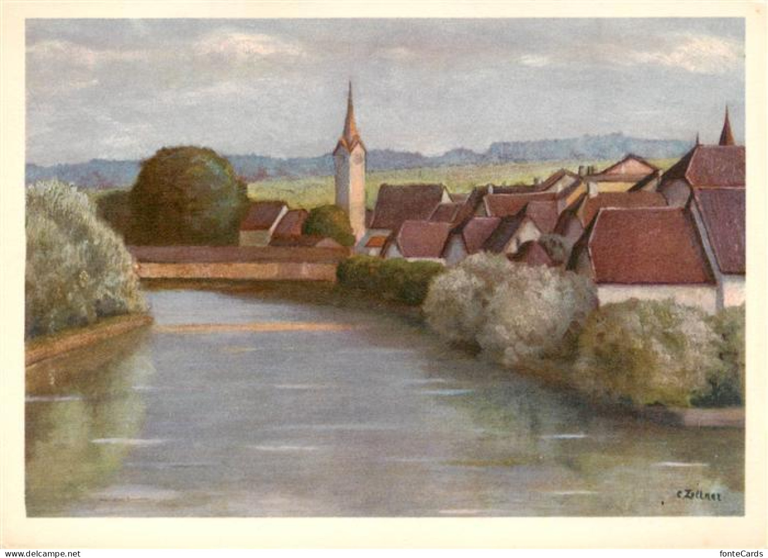 Bueren Aare Ortsmotiv an der Aare Kuenstlerkarte