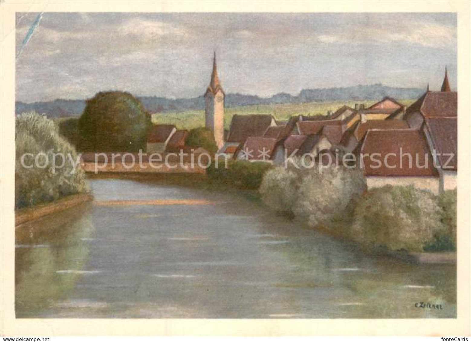 Bueren Aare Partie an der Aare Kuenstlerkarte