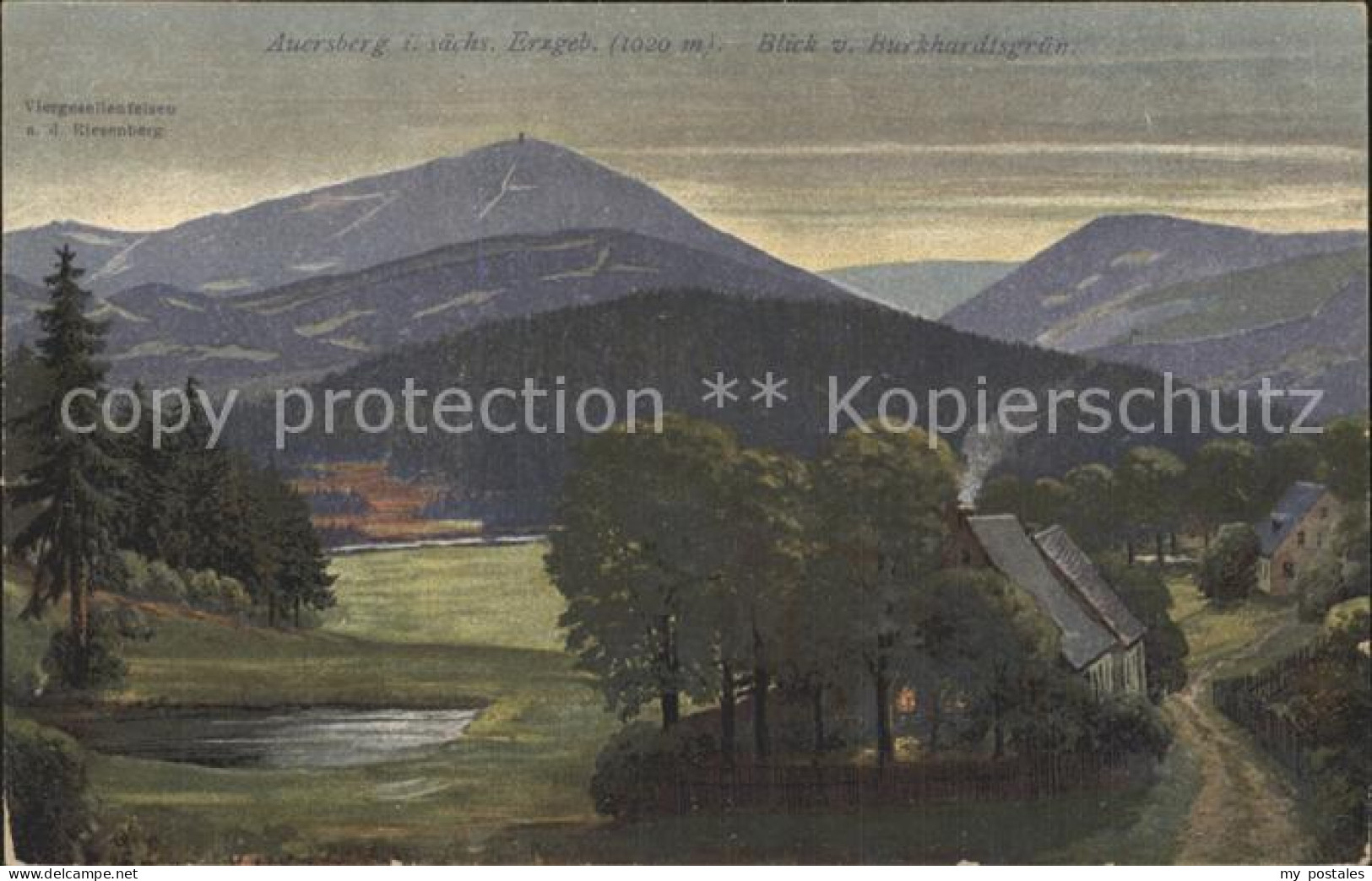 Burkhardtsgruen Panorama Blick zum Auersberg Erzgebirge Kuenstlerkarte
