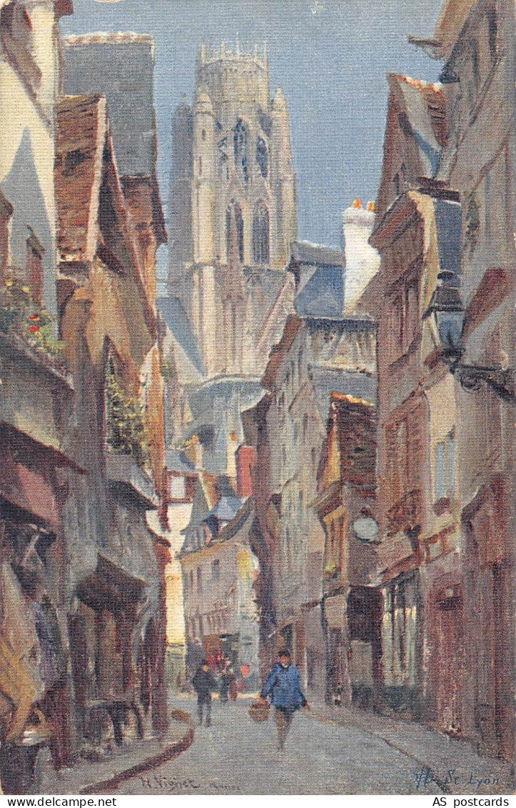 C203 France Rouen Rue Damiette street, church tower vintage postcard