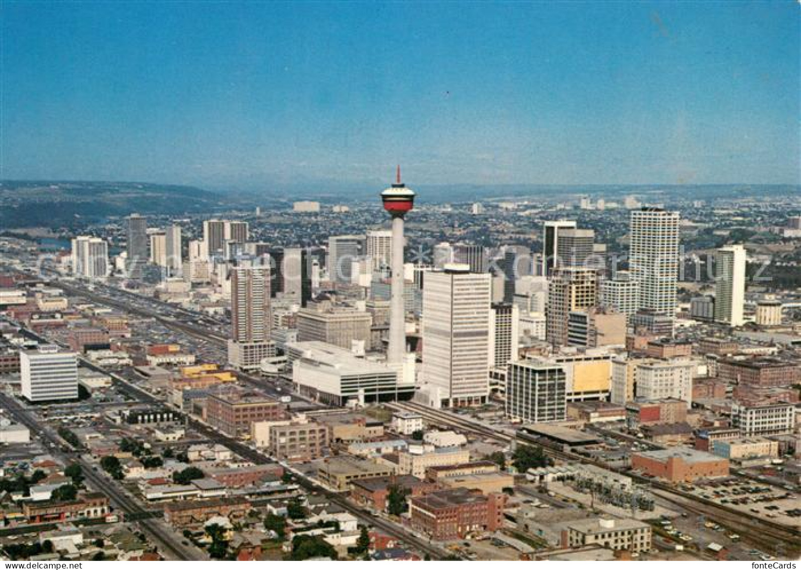 Calgary Aerial view of downtown Calgary depicting the Calgary Tower as a landmar