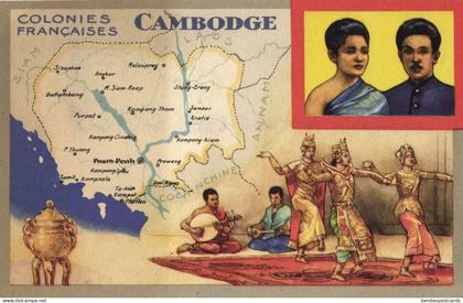 indochina, Cambodia, Map, Dancers (1920s) Lion Noir Trade Card