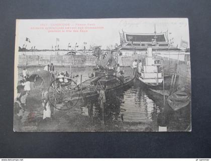 Kambodscha Cambodge 1910 AK Phnom Penh Drachen Figur auf einem Boot Stempel Tonkin nach Nürnberg gesendet