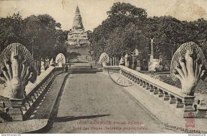 indochina, Cambodia, PNOM PENH, Naga Bridge, Wat Phnom Temple (1908) Postcard