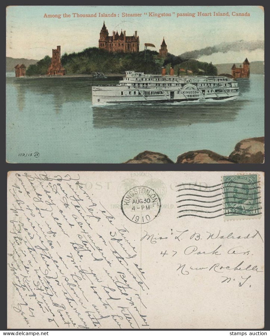 Canada 1910 Old Postcard Thousand Islands, Steamer Kingston passing Heart Island