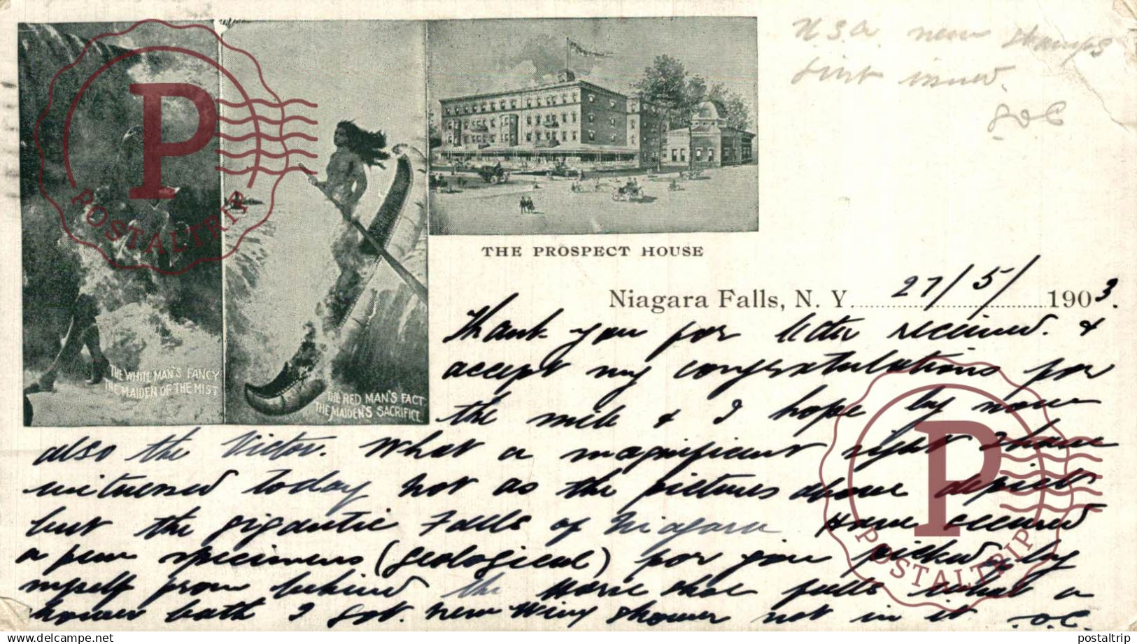 CANADA. NIAGARA FALLS. THE WHITE MAN'S FANCY.... THE RED MAN'S FACT.... THE PROSPECT HOUSE.... 1903