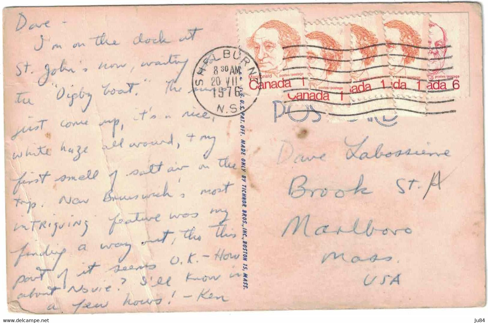 Canada - Nouvelle-Ecosse - Shelburne - Carte postale pour les Etats-Unis - Massachusetts (Marlboro) - 1976