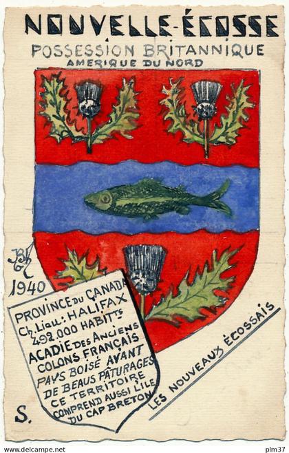 NOUVELLE ECOSSE - Armoiries - Carte peinte à la main en 1940