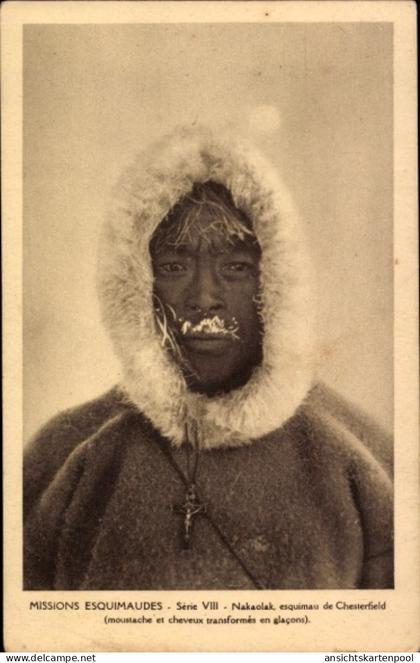 CPA Chesterfield Inlet Nunavut, Nakaolak, Missions Esquimaudes, Eskimo mit Kreuzkette, vereister Bart
