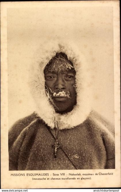 CPA Chesterfield Inlet Nunavut, Nakaolak, Missions Esquimaudes, Eskimo mit Kreuzkette, vereister Bart