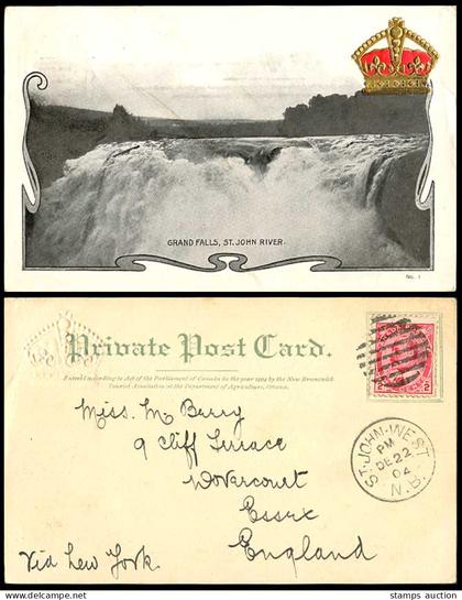 Canada 1904 Old Postcard Grand Falls St John River New Brunswick NB Coat of Arms