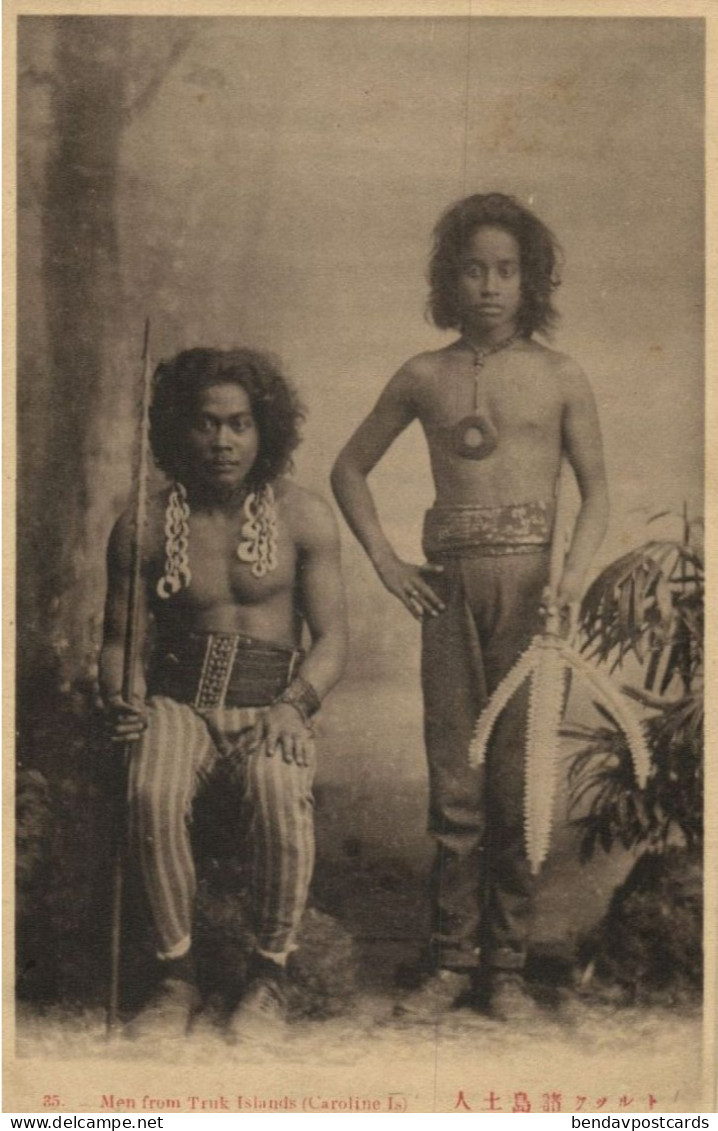 Caroline Islands, Truk Atoll, Armed Native Men (1910s) Micronesia Postcard