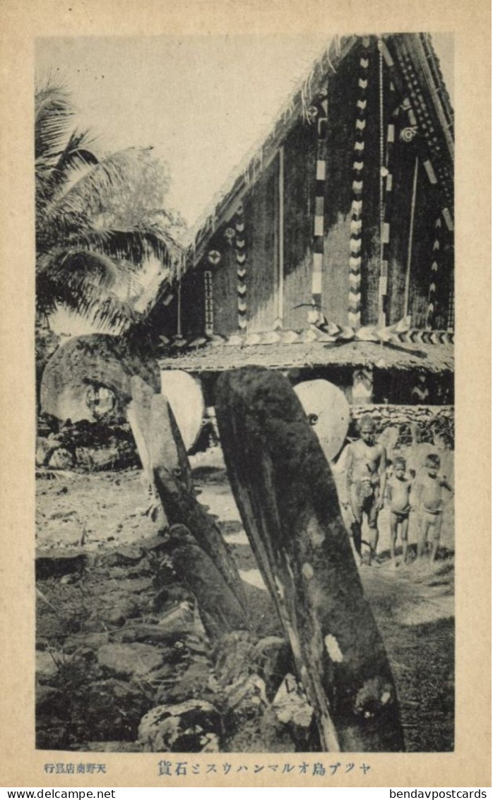 Caroline Islands, Yap Island, Native People in front of Assembly Hall, Rai Stone Money (1910s) Micronesia Postcard