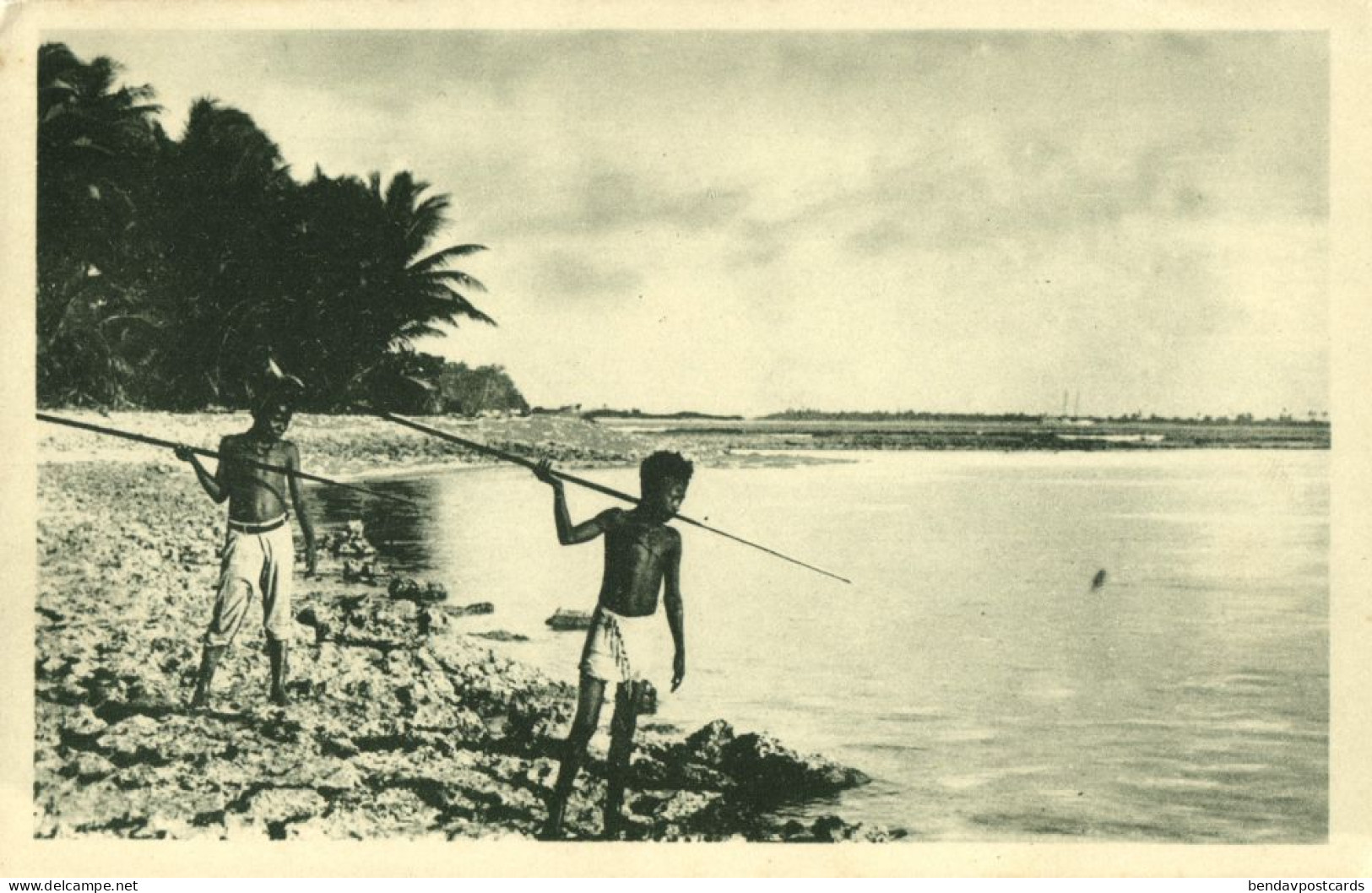 Caroline Islands, Young Kanak Boys Fishing with Spears (1930s) Postcard