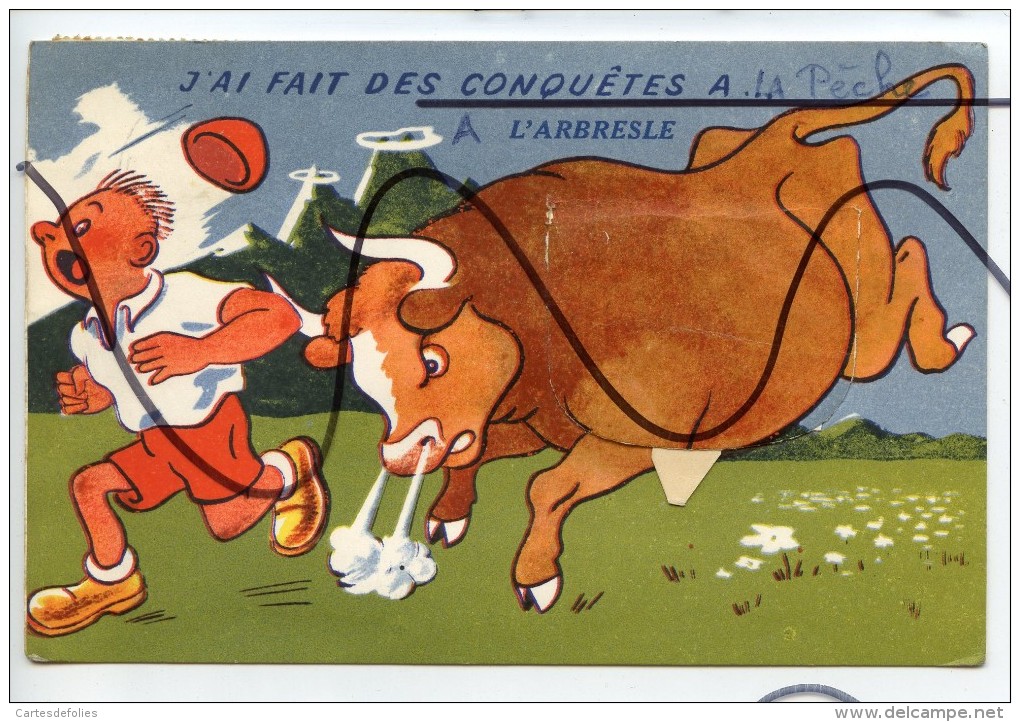 CARTE  A SYSTÈME ANIMÉE .D69. L'ARBRESLE. J'AI FAIT DES CONQUÊTES A L'ABRESLE. HOMME ET TAUREAU