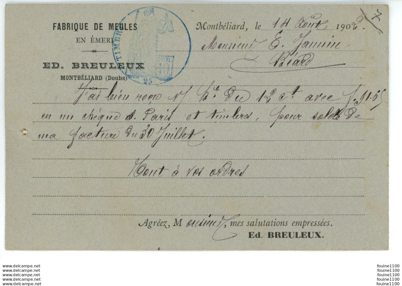 CARTE commercial publicitaire fabrique de meubles en émeri ED. BREULEUX à MONTBELIARD