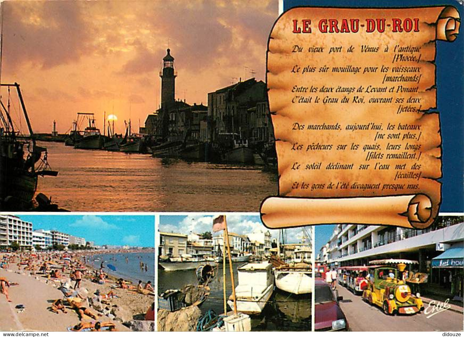 Carte Postale - 30 - Le Grau du Roi - Multivues - Petit Train touristique - Scènes de Plage - Flamme Postale de Le Grau