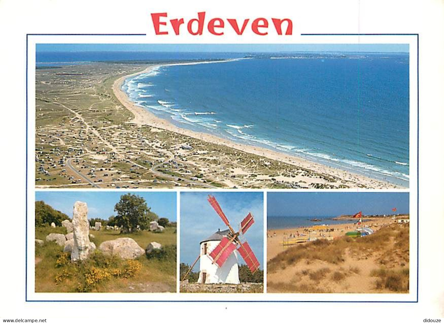 Carte Postale - 56 - Erdeven - La plage, les menhirs de Kerzérho, le moulin du Narbon et la plage de Kerhillio - Multivu