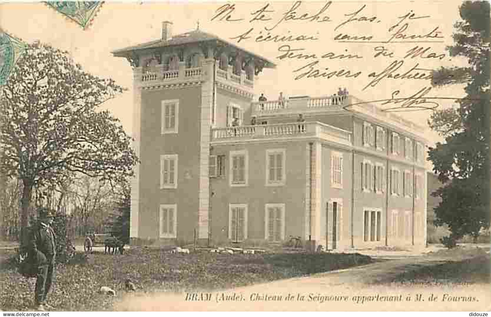 Carte Postale Ancienne - 11 - Bram - Château de la Seignoure appartenant à M de Fournas - Animée - Oblitération ronde de
