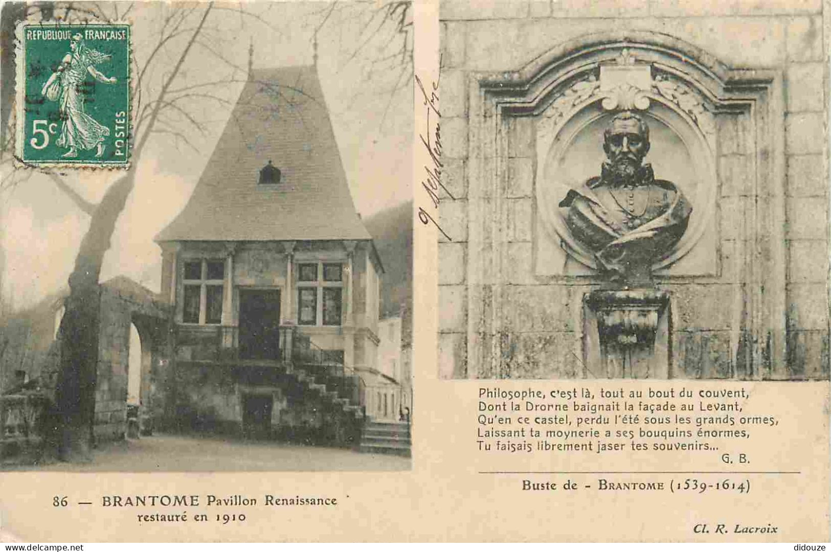 Carte Postale Ancienne - 24 - Brantome - Pavillon Renaissance restauré en 1910 - Buste de Brantome - CPA - Oblitération