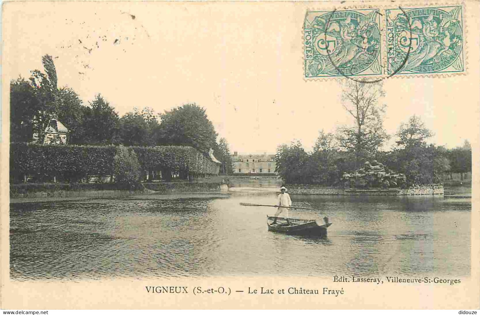 Carte Postale Ancienne - 91 - Vigneux sur Seine - Le Lac et Château Frayé - Animée - Canotage - CPA - Oblitération de 19