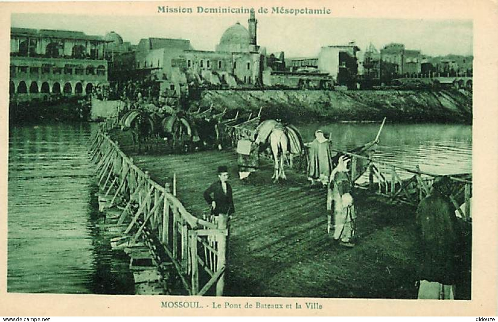 Carte Postale Ancienne - Irak - Mossoul - Mission Dominicaine de Mésopotamie - Le Pont de Bateaux et la Ville - Animée -
