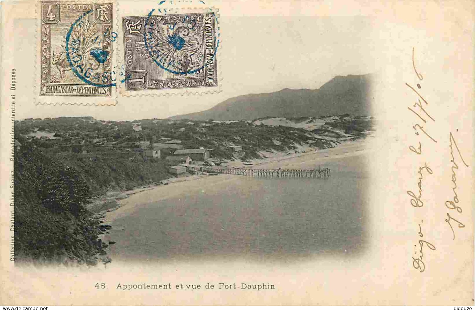 Carte Postale Ancienne - Pays - Madagascar - Fort Dauphin - Appontement et vue de Fort Dauphin - Précurseur - CPA - Obli