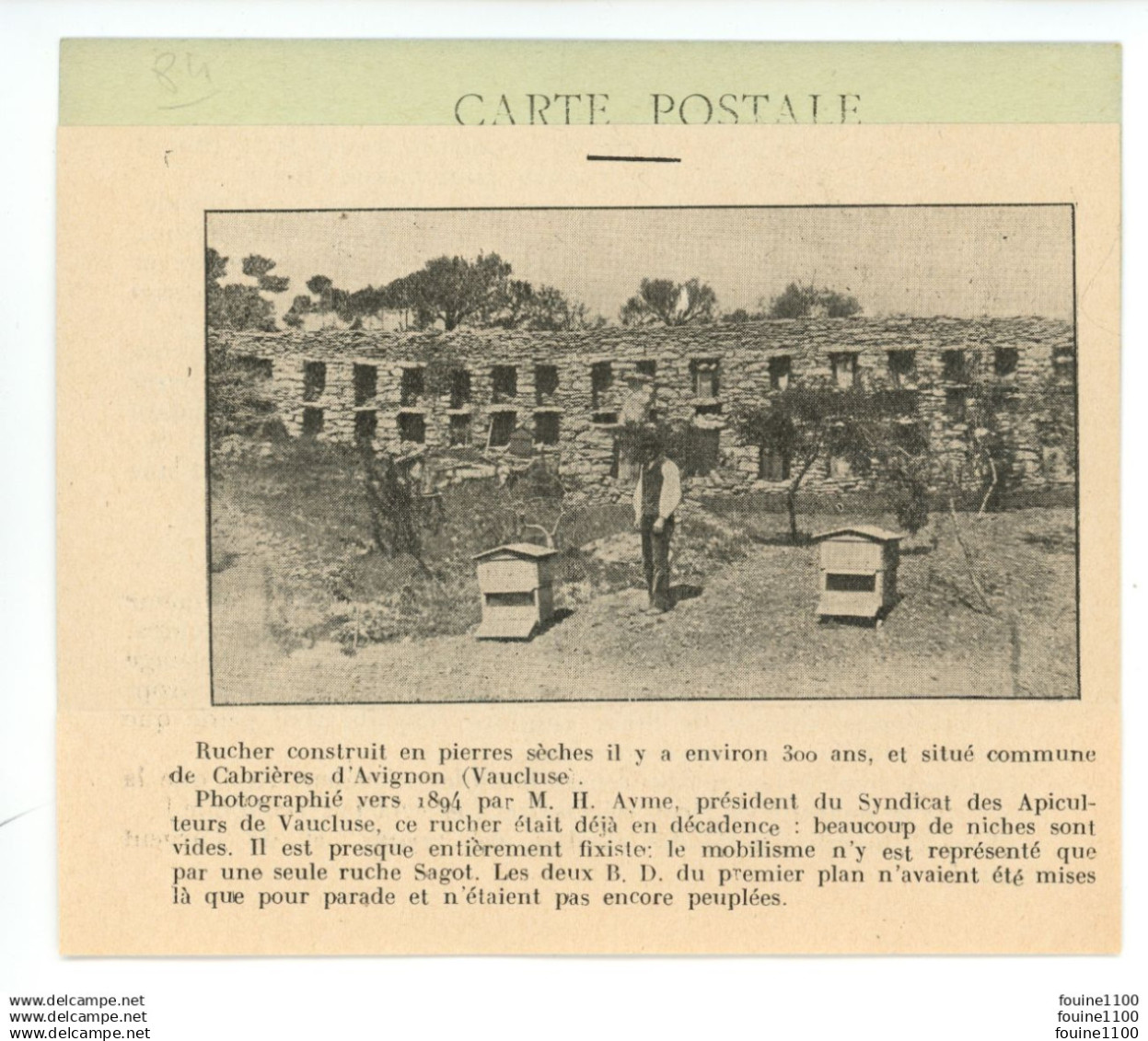 carte postale avec collage du rucher construit en pierres sèches il y a env. 300 ans à CABRIERES D'AVIGNON ( apiculture