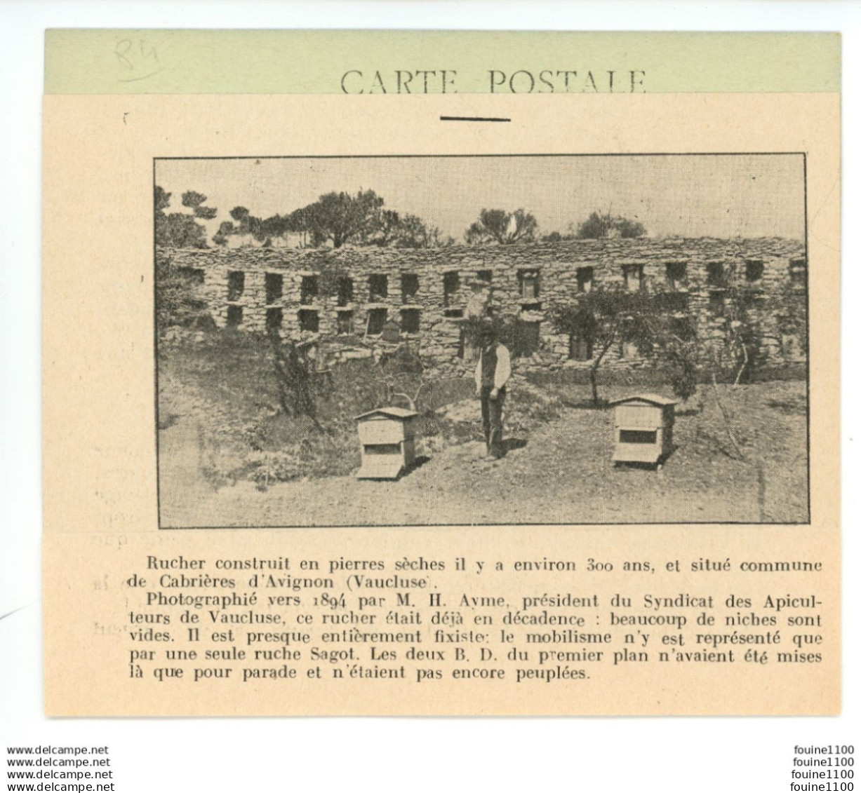 carte postale avec collage du rucher construit en pierres sèches il y a env. 300 ans à CABRIERES D'AVIGNON ( apiculture
