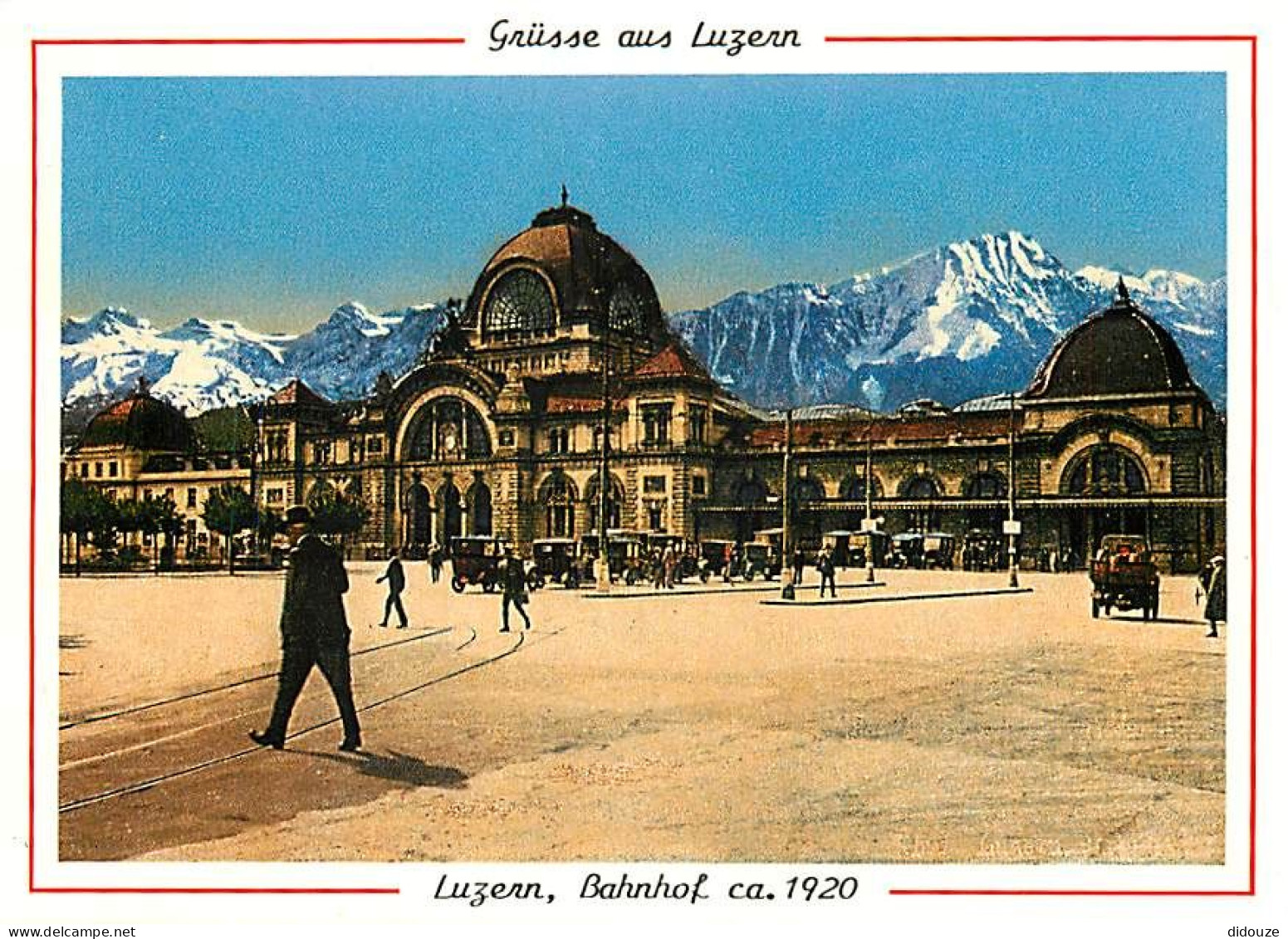 Carte Postale - Suisse - LU Lucerne - Luzern - Bahnhof ca 1920 - Reproduktion einer alten Postkarte - Automobiles - D'ap