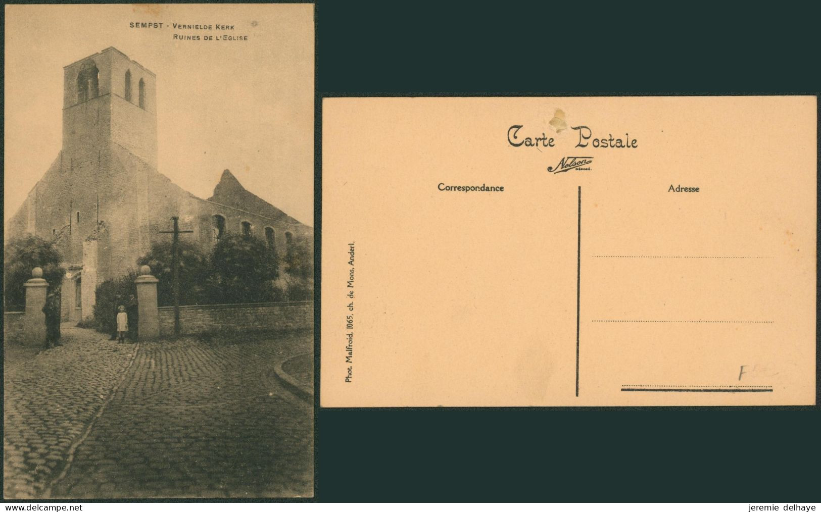Carte postale - Zemst / Sempst vernielde kerk