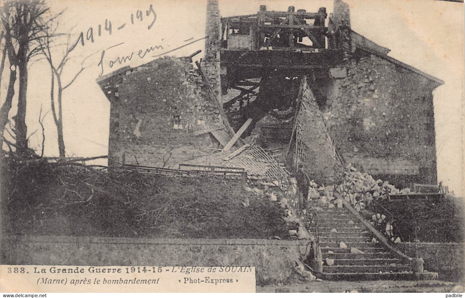 Carte postales [51] Souain-Perthes-lès-Hurlus l'église détruite  très beau plan