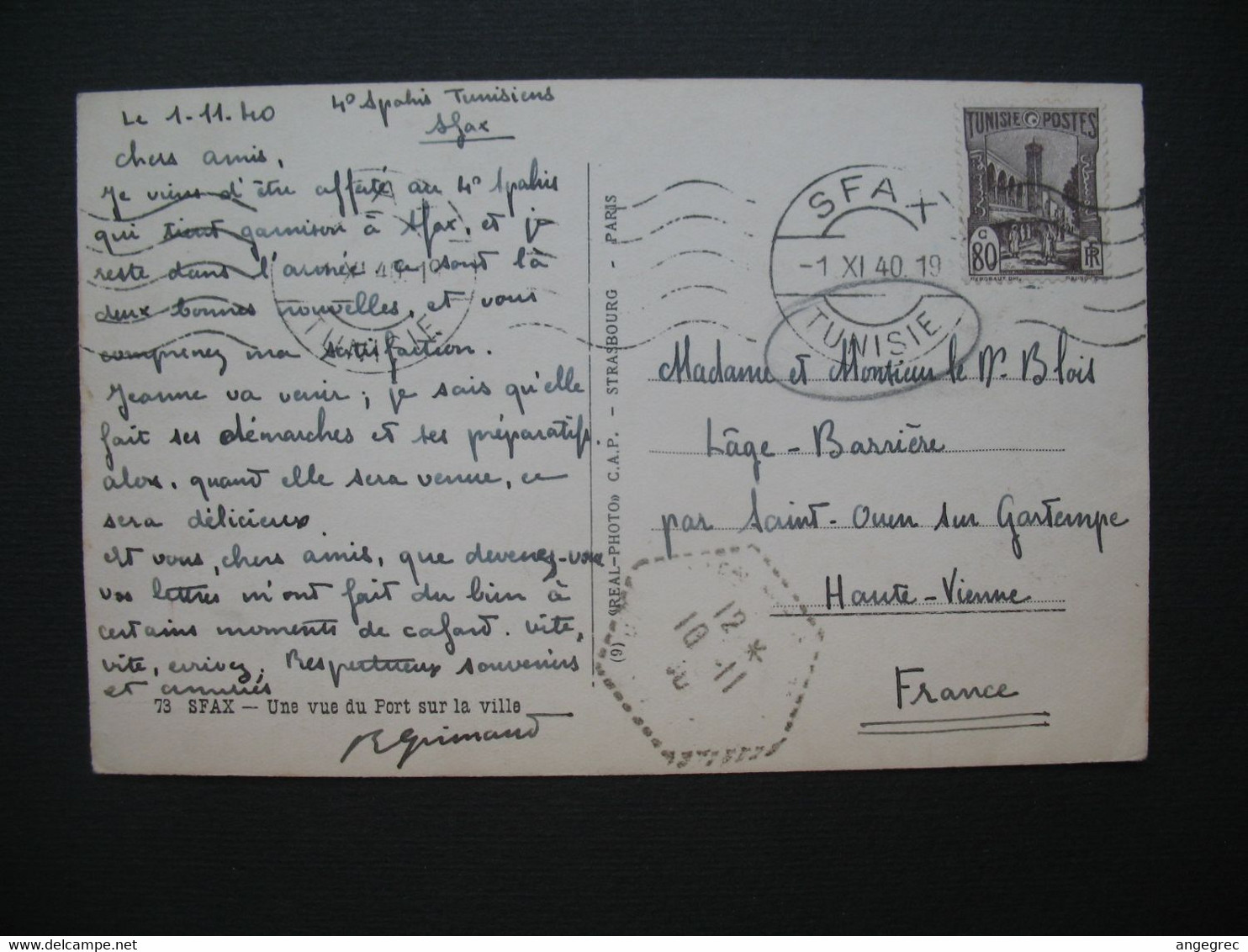 Carte Tunisie  Une vue du port sur la ville  cachet  Sfax  Tunisie 1/11/1940
