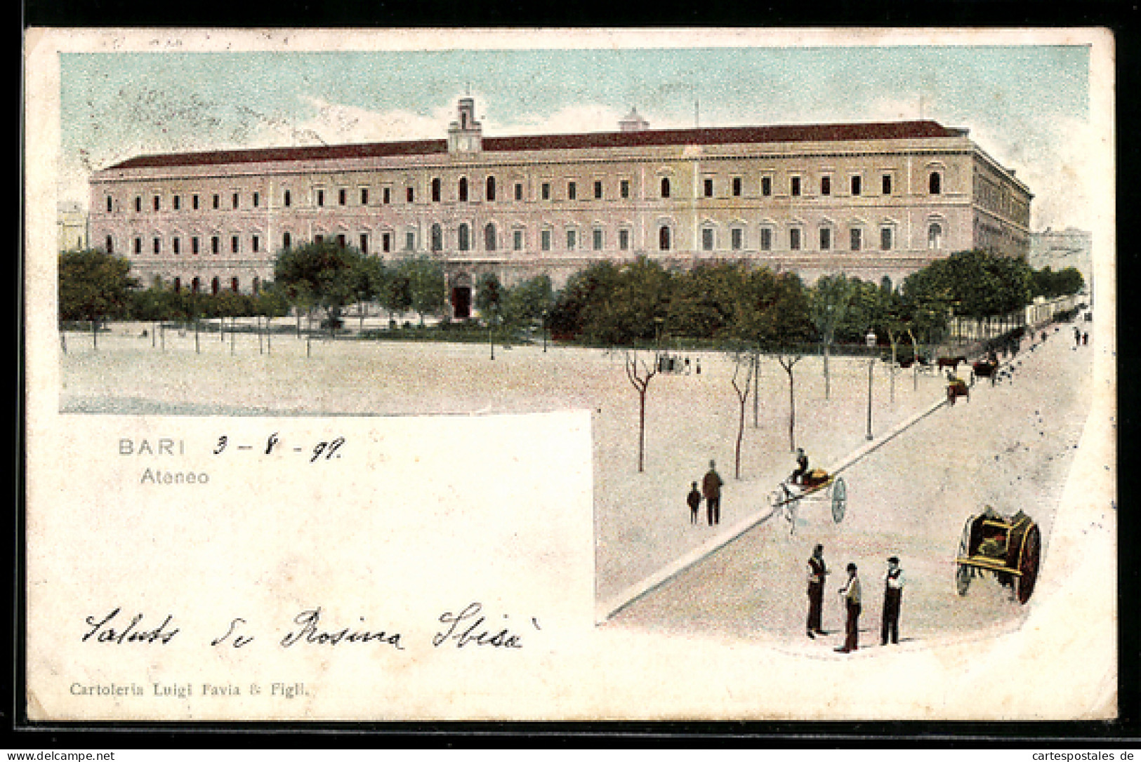 Cartolina Bari, Ateneo con carrozze e persone sulla strada