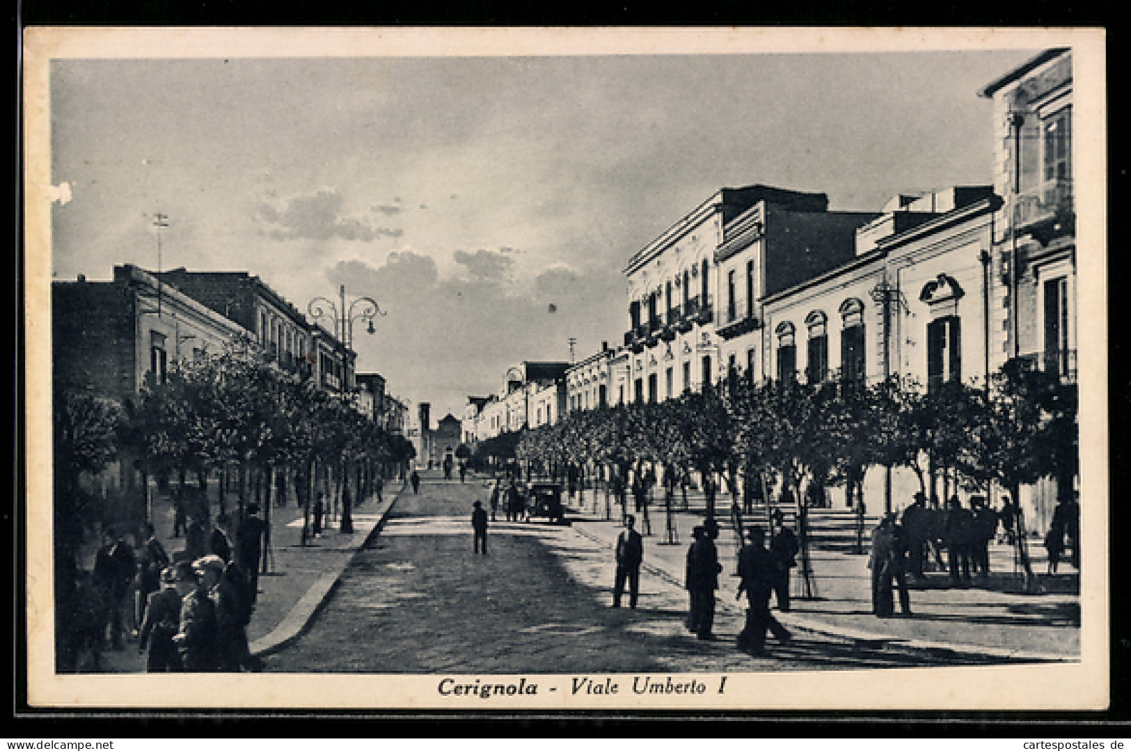 Cartolina Cerignola, Viale Umberto I con alberi e passanti