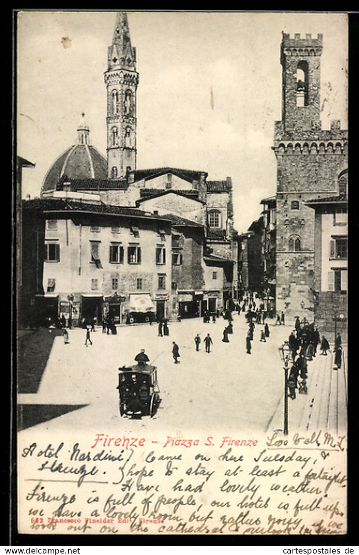 Cartolina Firenze, Piazza S. Firenze con carrozza e persone