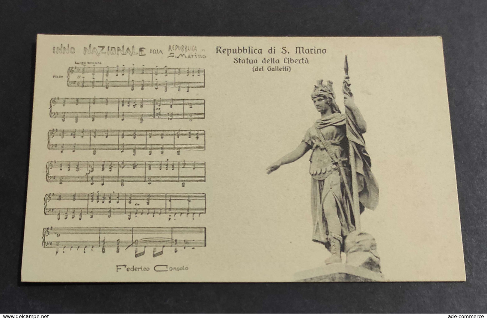Cartolina Inno Nazionale Repubblica di S. Marino - Statua della Libertà (Del Galletti)