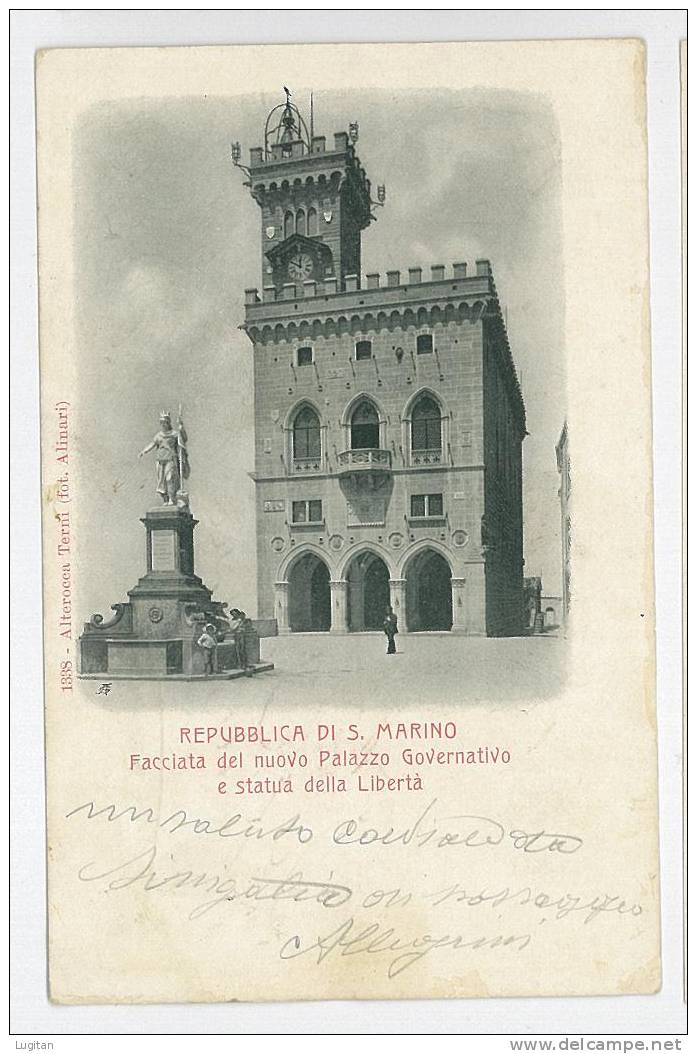 Cartolina - REPUBBLICA DI SAN MARINO - FOTO ALINARI FACCIATA DEL NUOVO PALAZZO GOVERNATIVO E STATUA DELLA LIBERTA' - RSM