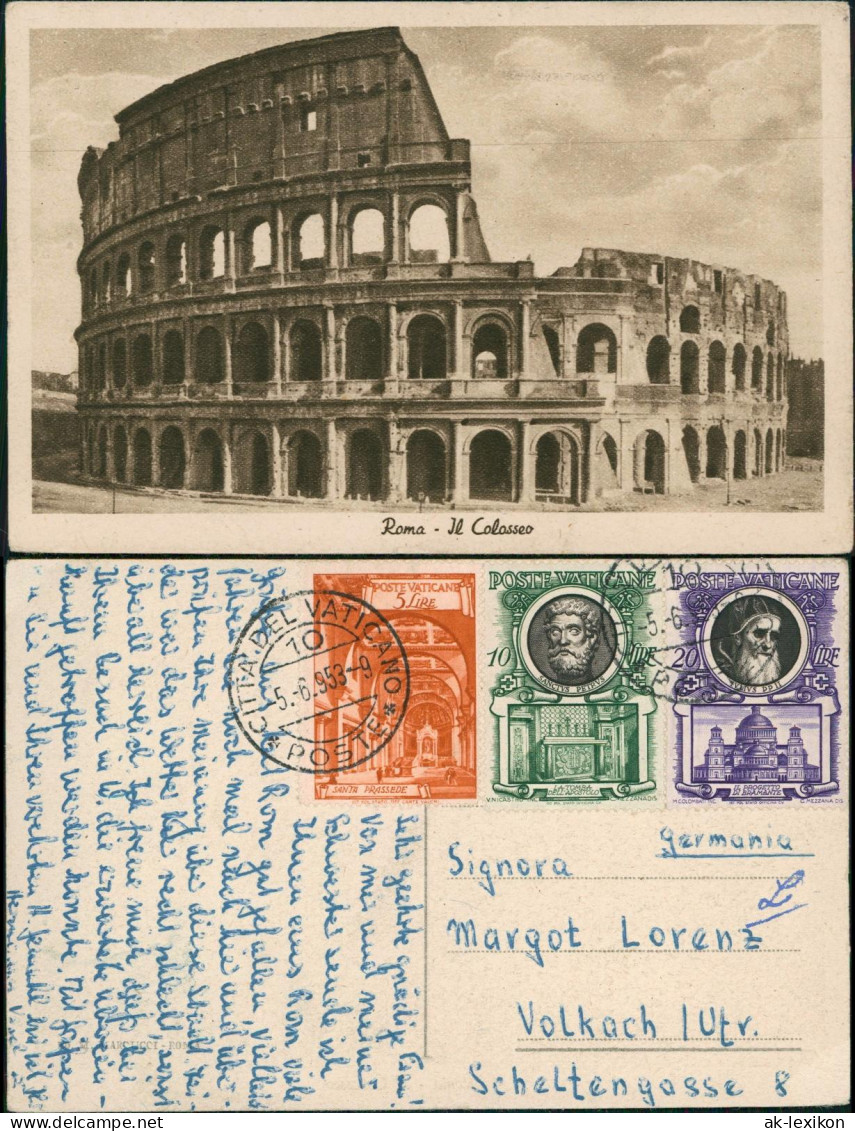 Cartolina Rom Roma Kolosseum / Colosseo 1953  gel. Mischfrankatur