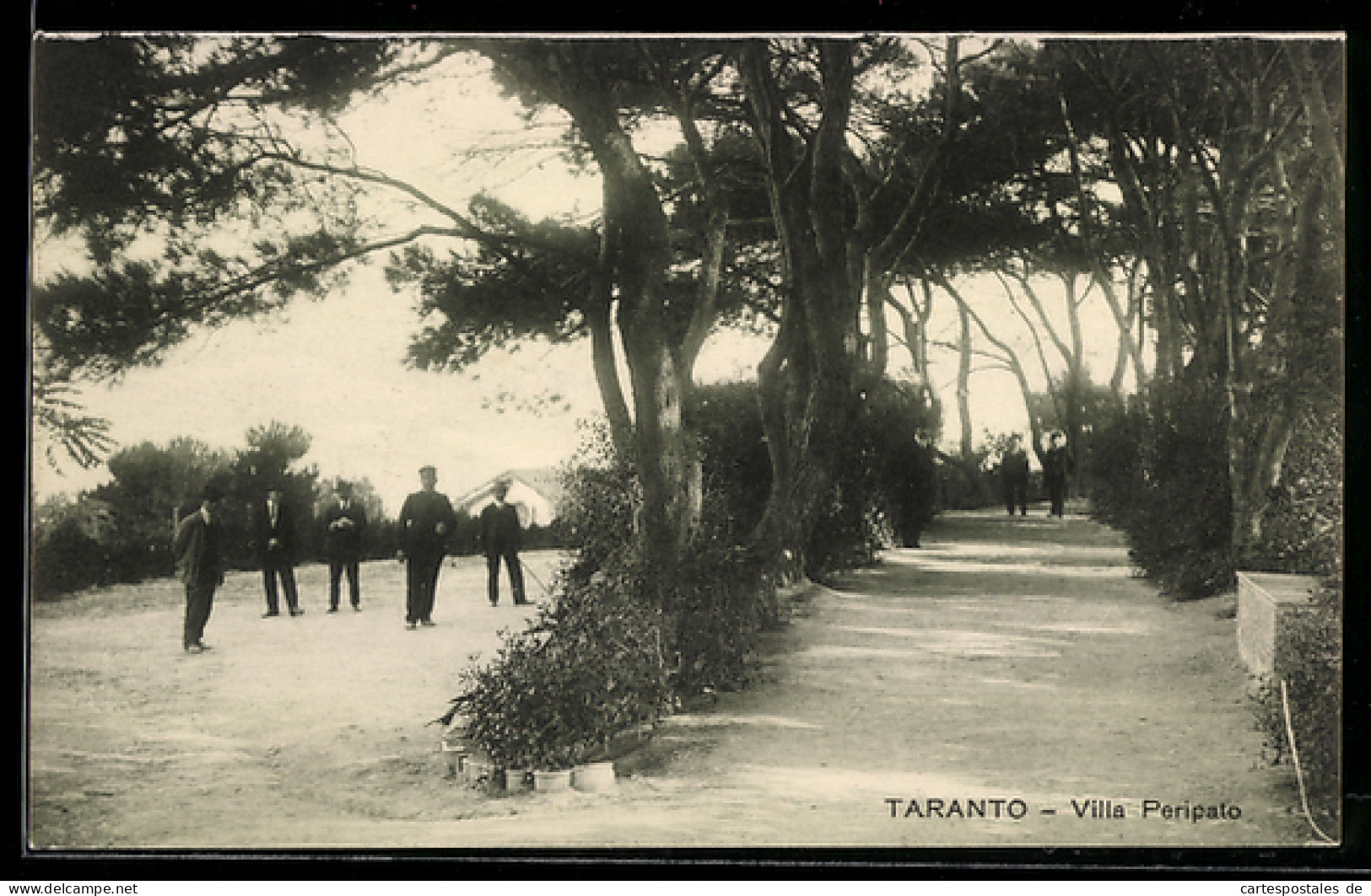 Cartolina Taranto, Villa Peripato, passeggiata alberata con persone eleganti