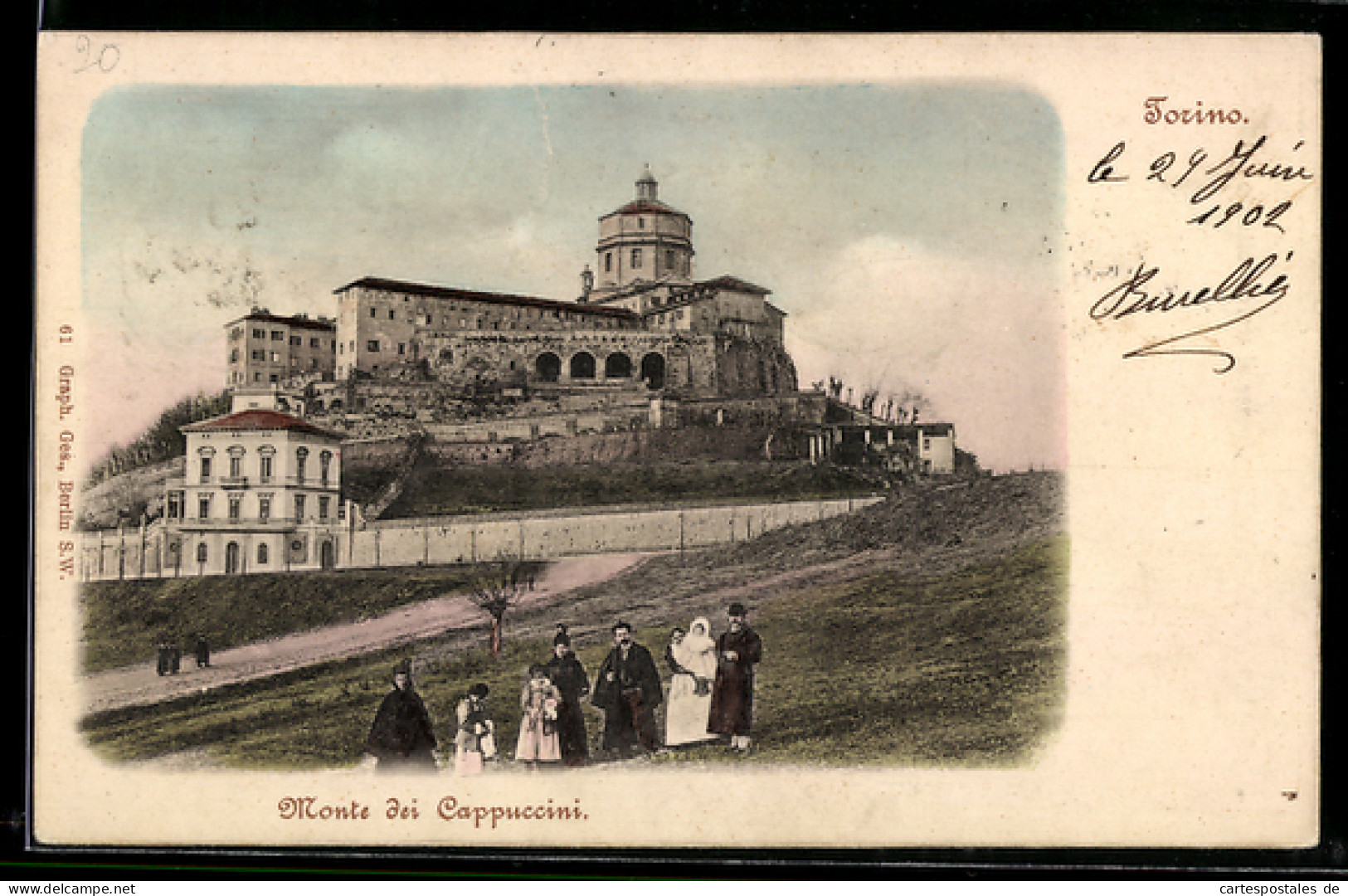 Cartolina Torino, Monte dei Cappuccini con passeggiata di persone