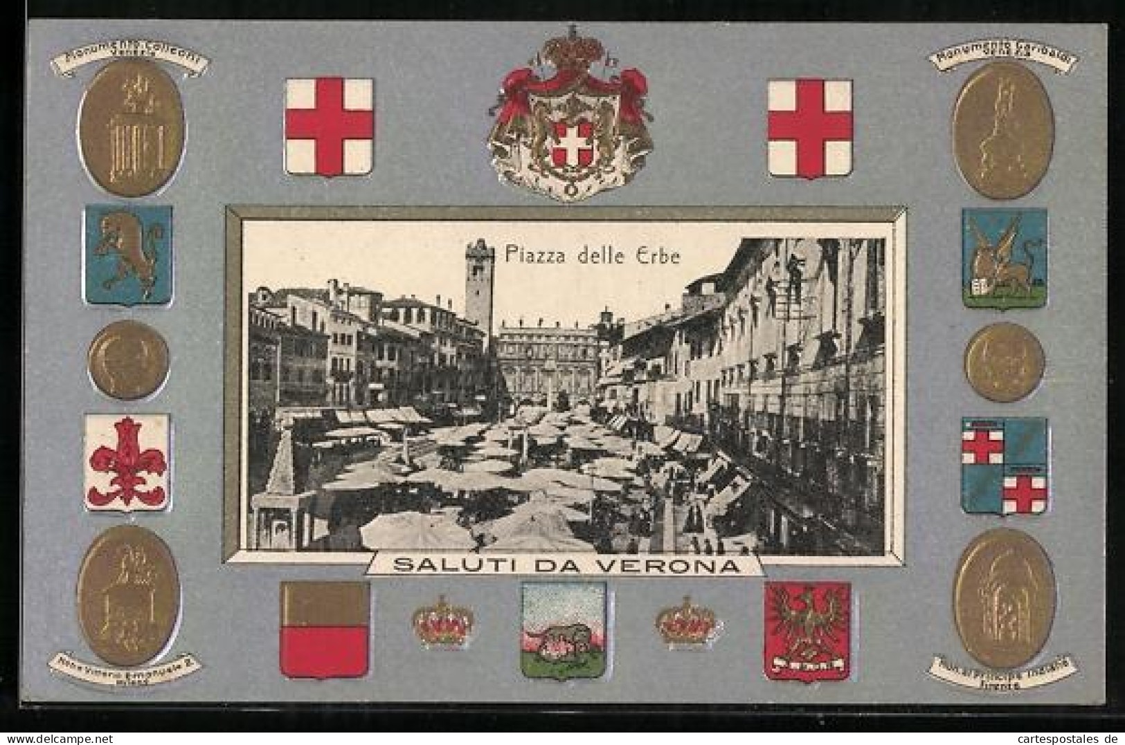Cartolina Verona, Piazze delle Erbe, Venezia, Monumento Garibaldi, Monumento Colleoni