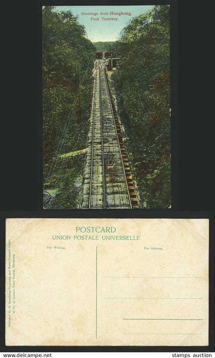 Hong Kong Peak Tramway & Trams Greetings from Hongkong China Old Colour Postcard