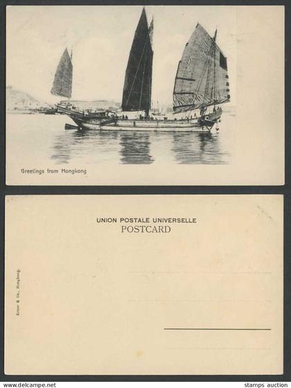 Hong Kong Greetings from Hongkong, Chinese Schooner Junk Boat Old Postcard China