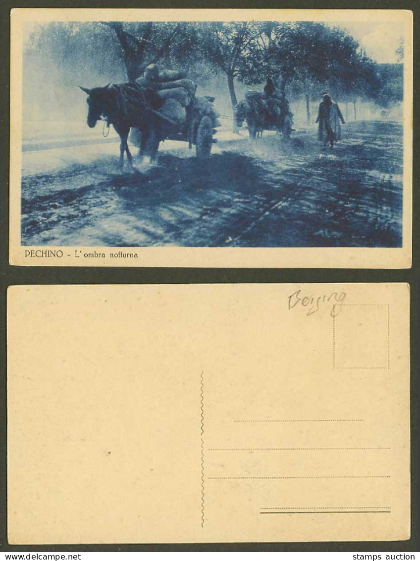 China Old Postcard Peking Pechino Street Scene Native Carts L'ombra noffurna