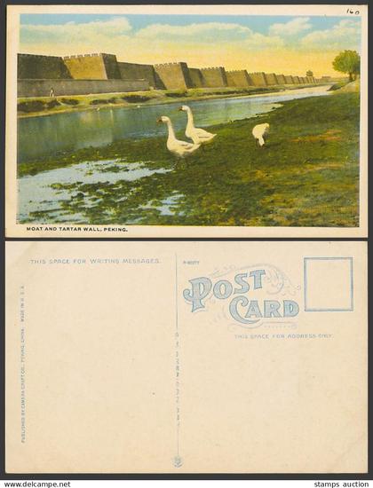 China Old Colour Postcard Moat and Tartar Wall Peking Pekin Goose Geese Birds 北京