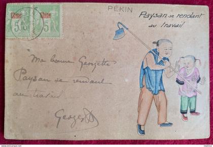 CHINE PEKIN - paysan se rendant au travail à Pekin en 1901, carte peinte à la main