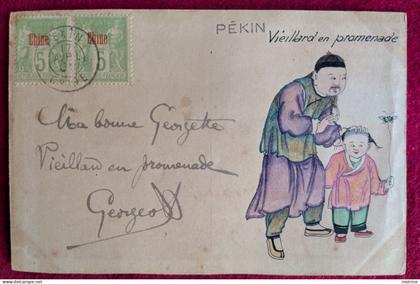 CHINE PEKIN - Vieillard en promenade à Pekin en 1901, carte peinte à la main