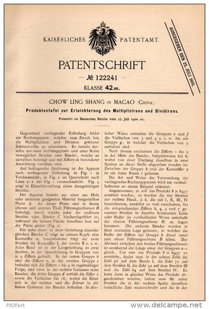 Original Patentschrift - Ch. Shang in Macao , China , 1900 , Tafel zum leichteren Rechnen , Mathematik , Schule , Chine