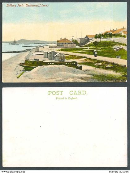 China Old Postcard Bathing Tents Weihaiwei Island Wei-Hai-Wei Houseboat Panorama